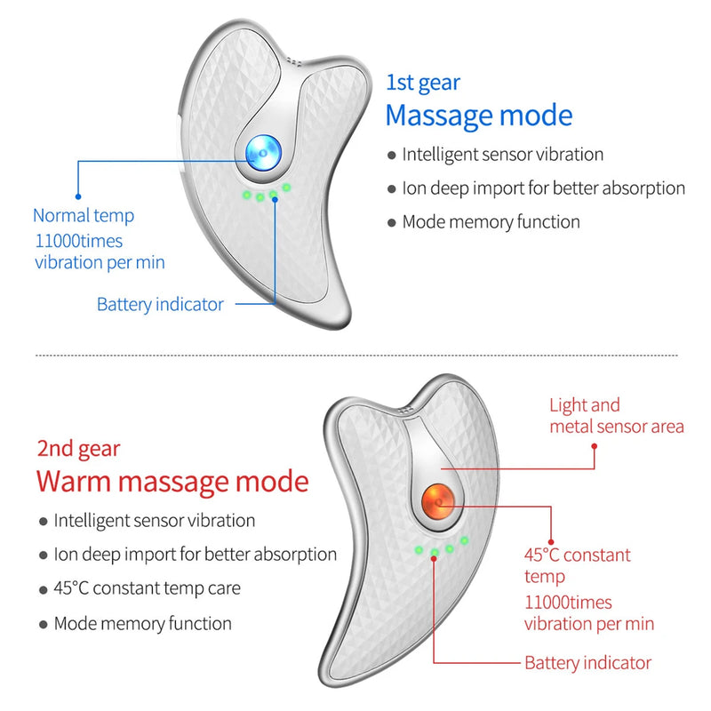 Tonificador facial e corporal elétrico EMS com/sem aquecimento 45 °C, para rejuvenescimento da pele, placa Guasha. Para uma pele mais macia elástica lifting, utilize com os seus produtos de cuidados de pele. Bateria Recarregável cabo USB.