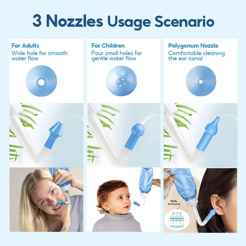 Nasal Wash Lavador de Nariz para Adultos, Criança com válvula de segurança 3 bicos adaptadores, Tratamento de Rinite, Sinusite, Alergias, Irrigador e Limpeza. Material de Alta Qualidade, Esterilização com água quente e 330ML de conteúdo.