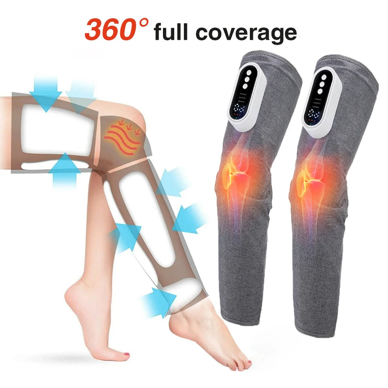 Massageador de pernas com pressão de ar inteligente 360°, drenagem linfática, compressa quente sem fio, articulação do joelho, massagem de 3 velocidades, coxa, panturrilha, relaxamento muscular, alívio da fadiga